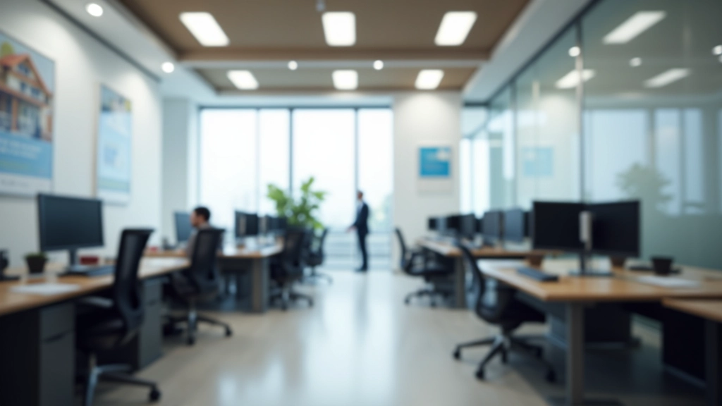 Большой офис агентства недвижимости с множеством рабочих мест и витриной с фотографиями объектов