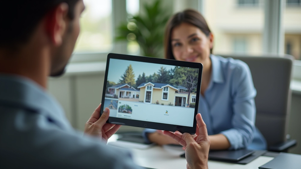 Риэлтор показывает варианты недвижимости на компьютере и в печатных материалах клиенту