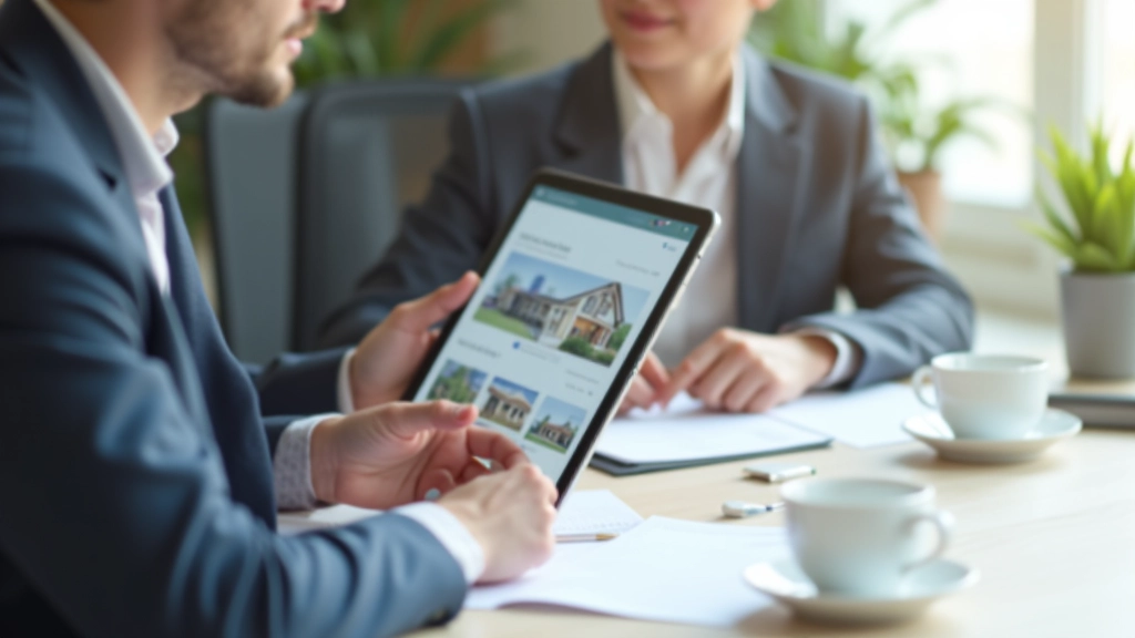 Риэлтор и клиент просматривают список доступных объектов недвижимости на планшете