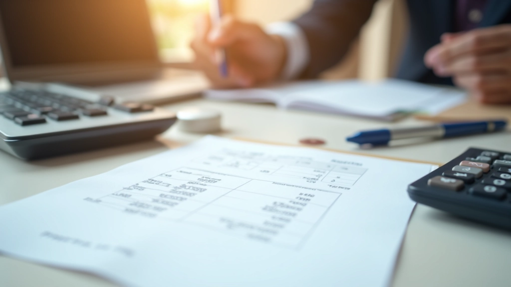 Финансовый калькулятор и документы по недвижимости на деревянном столе